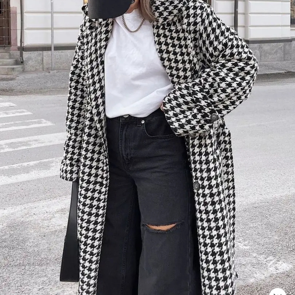 Loose Houndstooth Women Trench Coat Elegant Lapel High-end Fashion Office Jacket - Picture 5 of 12